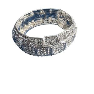 Vintage Silver Tone Art Deco Geometric Style Rhinestone Stretch Bracelet Jewelry